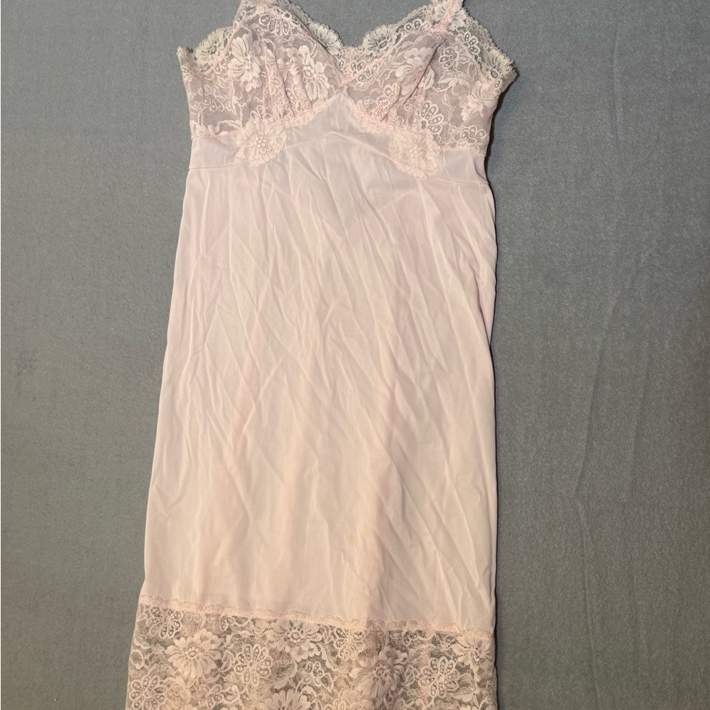 Vintage Vanity Fair Pink Nylon Tricot Slip Dress Baby Doll Floral Lace NIghtgown